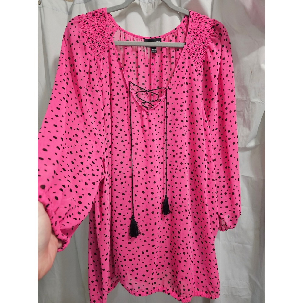 Lane Bryant Pink Polka Dot Lace Up Tassel Blouse Plus Size 22/24 Smocked‎ Top